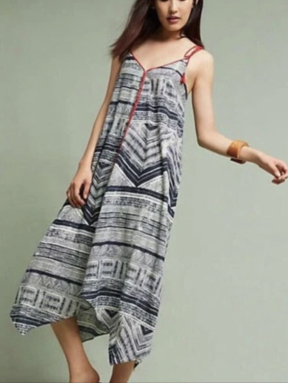 Akemi & Kin For Anthropolohie Riviera  V-Neck Midi Dress in Navy& Cream S